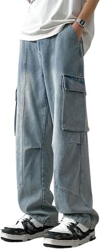 Men's Casual Vintage Loose Straight Hip Hop Cargo Denim Streetwear Jeans Pants in Kuwait
