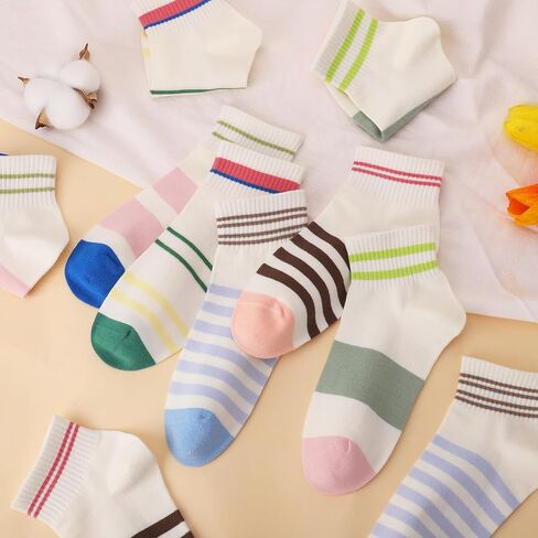 Cute Striped Ankle Socks, 9 Pairs Novelty Cotton All Season Low-cut Athletic Socks for Women Girls Size 5-9 in Kuwait