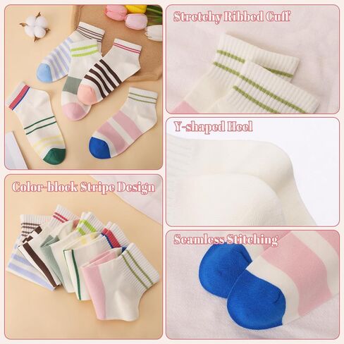 Cute Striped Ankle Socks, 9 Pairs Novelty Cotton All Season Low-cut Athletic Socks for Women Girls Size 5-9 in Kuwait