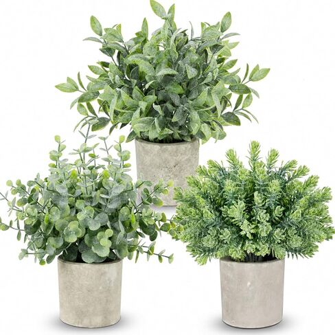 CCILAND 3 Pack Small Potted Fake Plants, Artificial Eucalyptus Plants, Lifelike Faux Frost-Hung Plants Topiaries for Home Office Shelf Desk Living Room Greenery Decor in Saudi Arabia