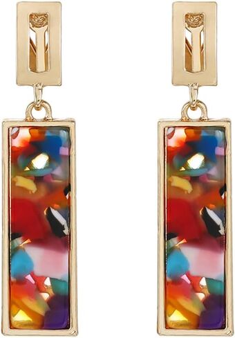 Rectangle Geometric Clip On Earrings for Women, Durable Alloy Resin Dangle Jewelry with Colorful Aesthetic, Large Drop Accessory Designed for Non-Pierced Ears in Kuwait