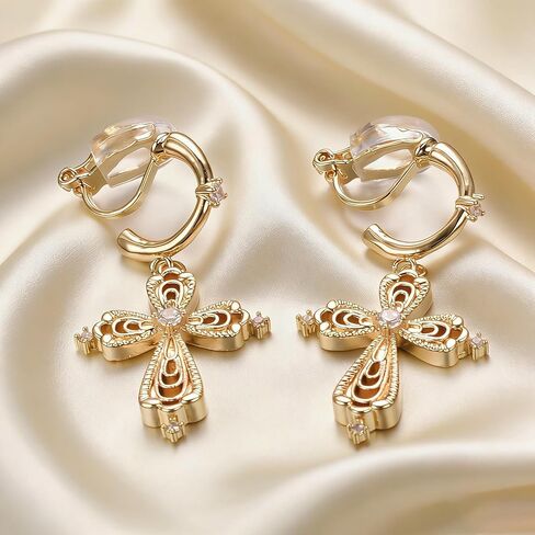 Dangle Cross Clip On Earrings for Women Gold Goth Cross Earrings 18K Gold Plated Hypoallergenic Statement Earrings Trendy Zircon Jewelry in Saudi Arabia