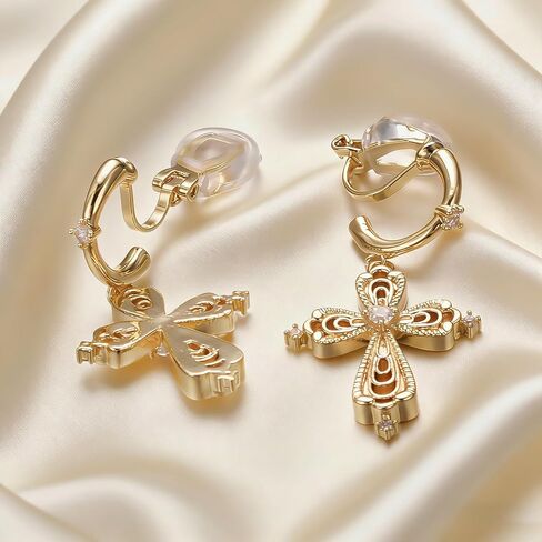 Dangle Cross Clip On Earrings for Women Gold Goth Cross Earrings 18K Gold Plated Hypoallergenic Statement Earrings Trendy Zircon Jewelry in Saudi Arabia