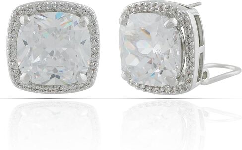 Rhodium Plated Cushion Cut Halo Cubic Zirconia French Clip Earrings in Kuwait