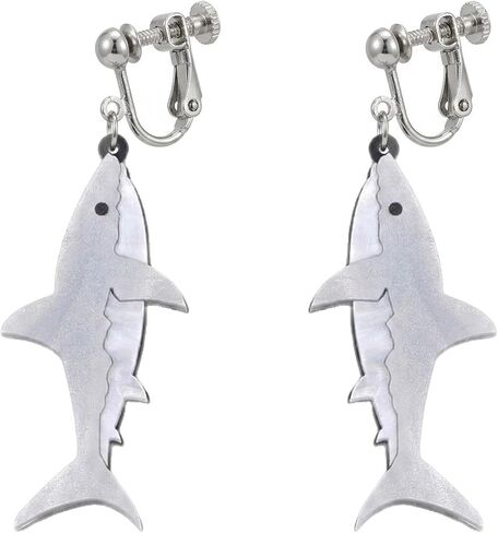 Screw Back Clip On Shark Earrings Women Hypoallergenic Non Pierced Jewelry Brass Acrylic Summer Vacation White Gold Plated 1.96in in Kuwait