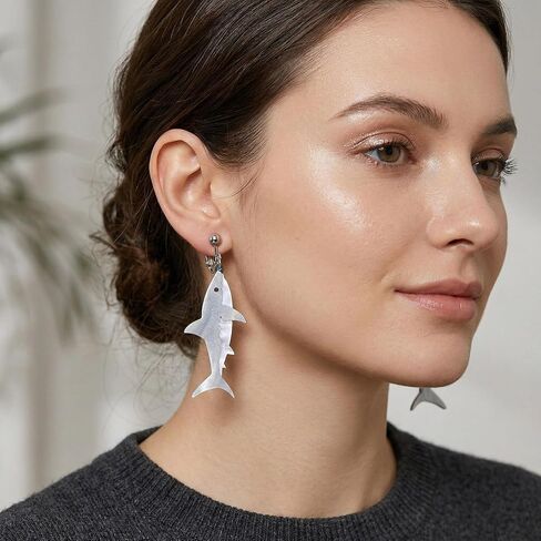 Screw Back Clip On Shark Earrings Women Hypoallergenic Non Pierced Jewelry Brass Acrylic Summer Vacation White Gold Plated 1.96in in Kuwait