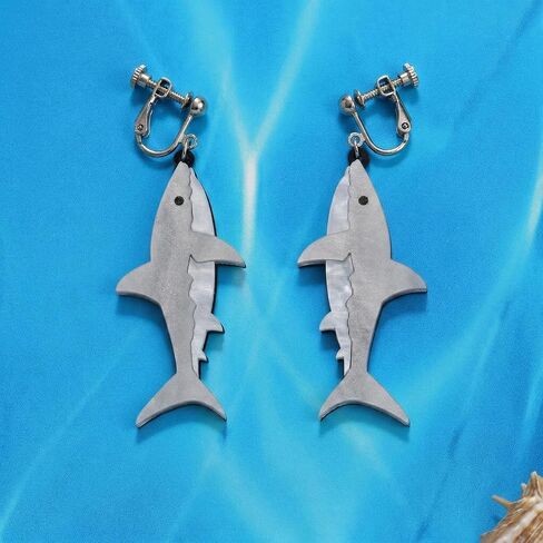 Screw Back Clip On Shark Earrings Women Hypoallergenic Non Pierced Jewelry Brass Acrylic Summer Vacation White Gold Plated 1.96in in Kuwait