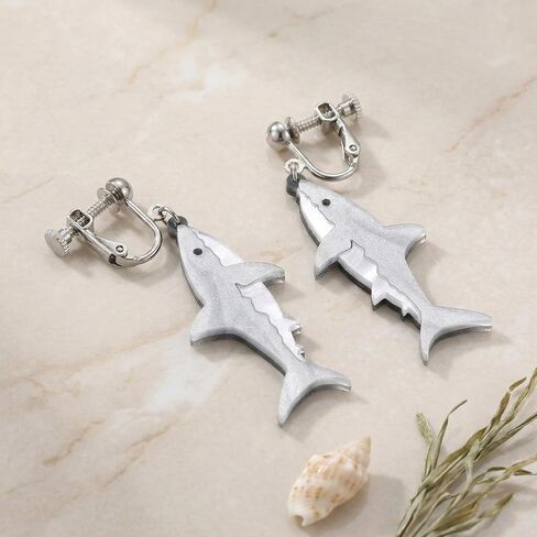 Screw Back Clip On Shark Earrings Women Hypoallergenic Non Pierced Jewelry Brass Acrylic Summer Vacation White Gold Plated 1.96in in Kuwait