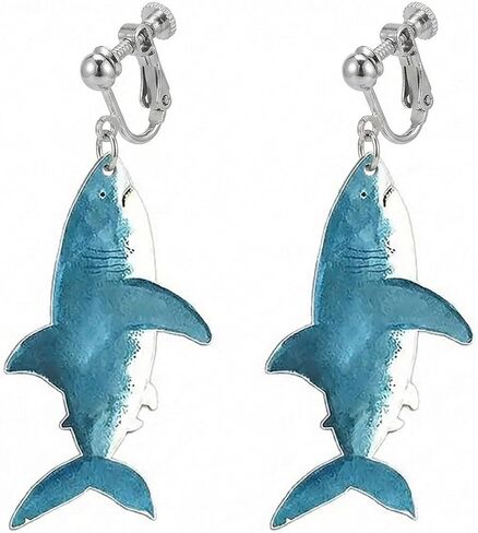 Screw Back Clip On Shark Earrings Women Hypoallergenic Non Pierced Jewelry Brass Acrylic Summer Vacation White Gold Plated 1.96in in Kuwait