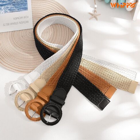 WHIPPY Wide Woven Belt for Women Rattan Braided Waist Belt Fashion Boho Straw Raffia Belt for Dresses in Kuwait