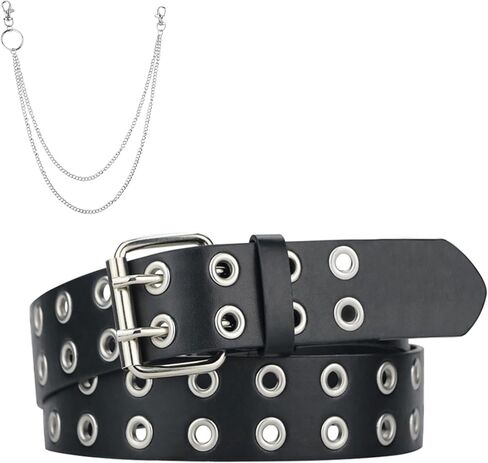 Grommet Leather Belts for Women, Black Belt Women Men with Double Holes & Chains in Kuwait