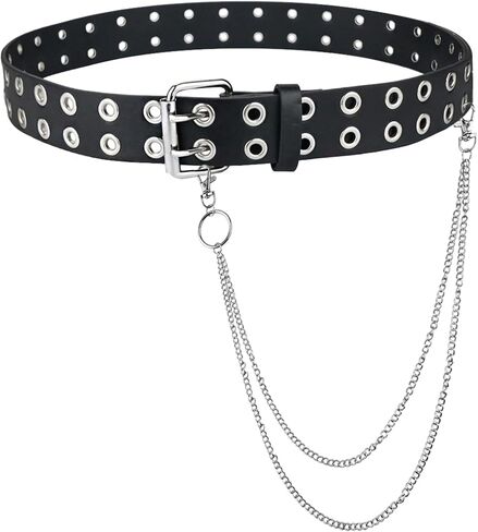 Grommet Leather Belts for Women, Black Belt Women Men with Double Holes & Chains in Kuwait