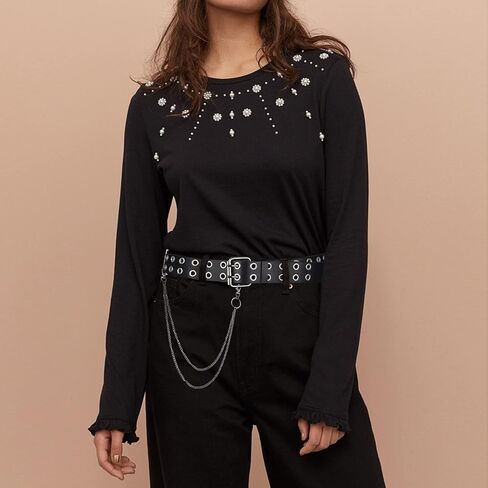 Grommet Leather Belts for Women, Black Belt Women Men with Double Holes & Chains in Kuwait