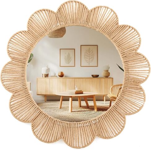 Sintuff 24 Inch Boho Scalloped Jute Wall Mirror Decorative Flower Round Wavy Mirror with Frame Rustic Farmhouse Rattan Wicker Natural Wall Decor for Bathroom Bedroom Office in Kuwait