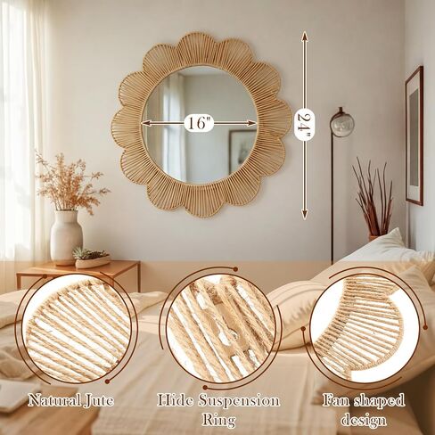 Sintuff 24 Inch Boho Scalloped Jute Wall Mirror Decorative Flower Round Wavy Mirror with Frame Rustic Farmhouse Rattan Wicker Natural Wall Decor for Bathroom Bedroom Office in Kuwait