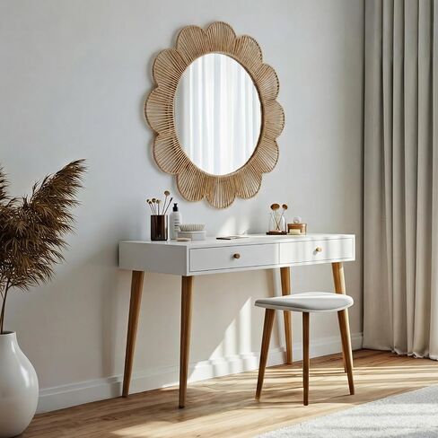 Sintuff 24 Inch Boho Scalloped Jute Wall Mirror Decorative Flower Round Wavy Mirror with Frame Rustic Farmhouse Rattan Wicker Natural Wall Decor for Bathroom Bedroom Office in Kuwait