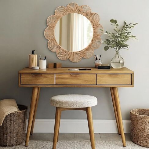 Sintuff 24 Inch Boho Scalloped Jute Wall Mirror Decorative Flower Round Wavy Mirror with Frame Rustic Farmhouse Rattan Wicker Natural Wall Decor for Bathroom Bedroom Office in Kuwait