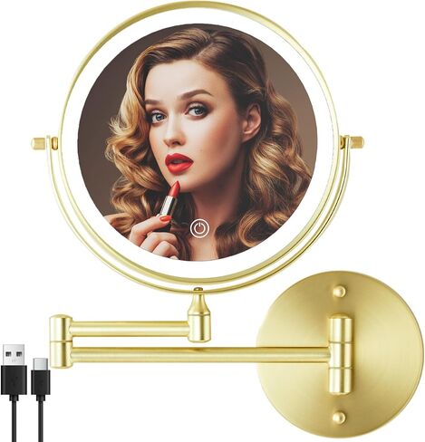 Rechargeable Wall Mounted Lighted Makeup Vanity Mirror 8 Inch Double Sided 1X 10X Magnifying Bathroom Mirror, 3 Color Lighting, Touch Screen Dimming, 360 Rotation Shaving Mirror Gold in Saudi Arabia