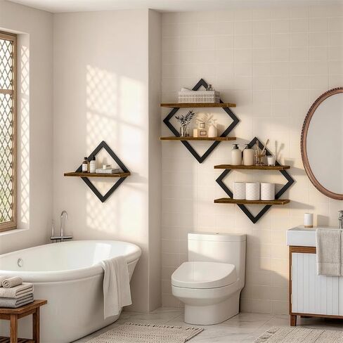 مجموعة أرفف عائمة هندسية مكونة من 3، أرفف حائط ريفية مزخرفة لغرفة المعيشة وغرفة النوم والحمام، أرفف عرض مثبتة على الحائط من الخشب والمعدن للنباتات وإطارات الصور والديكور الصغير in Kuwait
