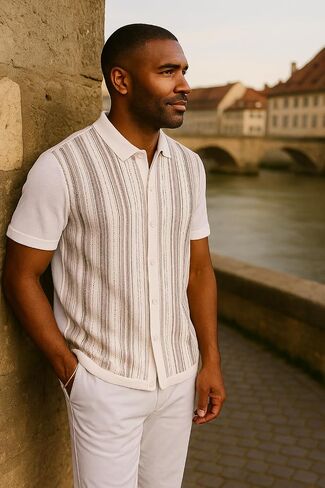 Men’s Short Sleeve Knit Sports Shirt - Modern Polo Vintage Classics: Vertical Stripe Color Block in Kuwait