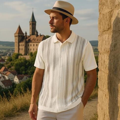 Men’s Short Sleeve Knit Sports Shirt - Modern Polo Vintage Classics: Vertical Stripe Color Block in Kuwait