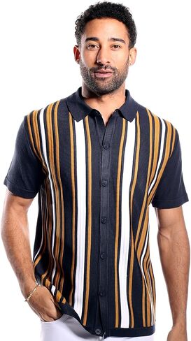 Men’s Short Sleeve Knit Sports Shirt - Modern Polo Vintage Classics: Vertical Stripe Color Block in Kuwait