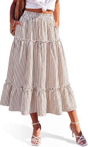 DERAX Women's Striped Midi Skirt Summer Flowy Elastic High Waist Ruffle Tiered Pleated A Line 2026 Long Skirts with Pockets in Saudi Arabia