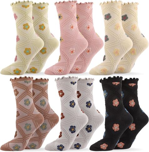 6 Pairs Flowered Women's Ruffle Ankle Socks - Cute Floral Crew Sock for Women, Vintage Breathable Mid Tube Socks, Casual Cotton Novelty Sock for Women and Girls in Kuwait
