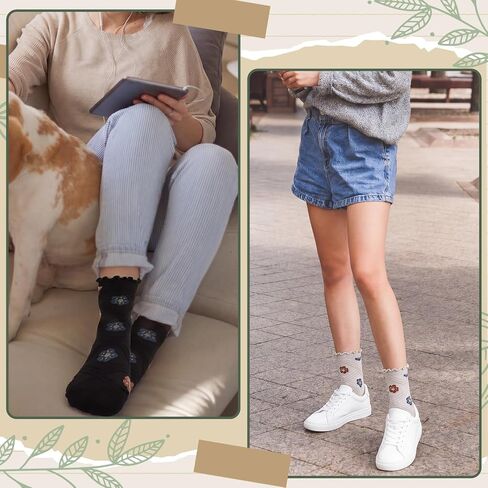 6 Pairs Flowered Women's Ruffle Ankle Socks - Cute Floral Crew Sock for Women, Vintage Breathable Mid Tube Socks, Casual Cotton Novelty Sock for Women and Girls in Kuwait