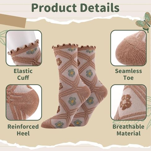 6 Pairs Flowered Women's Ruffle Ankle Socks - Cute Floral Crew Sock for Women, Vintage Breathable Mid Tube Socks, Casual Cotton Novelty Sock for Women and Girls in Kuwait