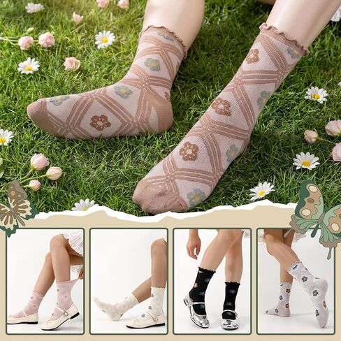 6 Pairs Flowered Women's Ruffle Ankle Socks - Cute Floral Crew Sock for Women, Vintage Breathable Mid Tube Socks, Casual Cotton Novelty Sock for Women and Girls in Kuwait