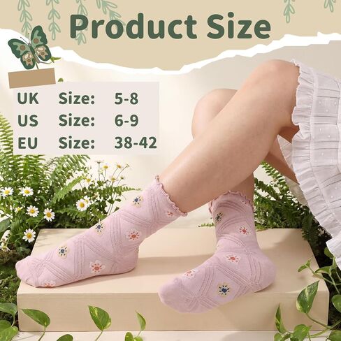 6 Pairs Flowered Women's Ruffle Ankle Socks - Cute Floral Crew Sock for Women, Vintage Breathable Mid Tube Socks, Casual Cotton Novelty Sock for Women and Girls in Kuwait