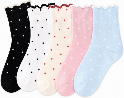 5 Pairs Women's Cute Ruffle Polka Dot Socks, Soft Cotton Crew Socks, Breathable Casual Ankle Socks for Girls, Comfy Mid-calf Socks for Daily Wear Gift Size 5-9 in Saudi Arabia
