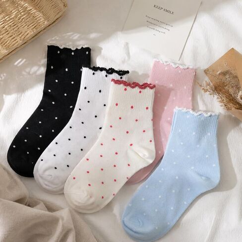 5 Pairs Women's Cute Ruffle Polka Dot Socks, Soft Cotton Crew Socks, Breathable Casual Ankle Socks for Girls, Comfy Mid-calf Socks for Daily Wear Gift Size 5-9 in Saudi Arabia