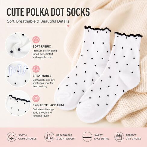 5 Pairs Women's Cute Ruffle Polka Dot Socks, Soft Cotton Crew Socks, Breathable Casual Ankle Socks for Girls, Comfy Mid-calf Socks for Daily Wear Gift Size 5-9 in Saudi Arabia