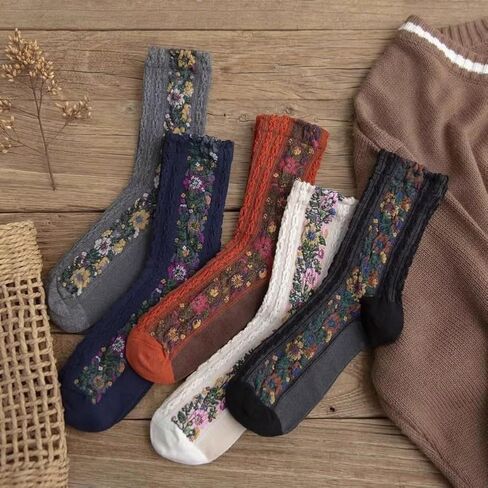 Women's Purple Floral Jacquard Crew Socks 5 Pack Vintage Textured Cotton Socks in Kuwait