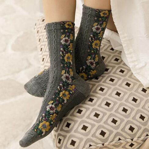 Women's Purple Floral Jacquard Crew Socks 5 Pack Vintage Textured Cotton Socks in Kuwait