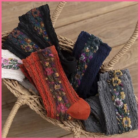 Women's Purple Floral Jacquard Crew Socks 5 Pack Vintage Textured Cotton Socks in Kuwait
