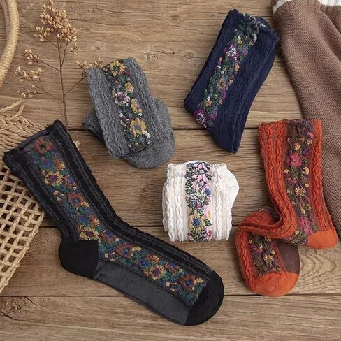 Women's Purple Floral Jacquard Crew Socks 5 Pack Vintage Textured Cotton Socks in Kuwait