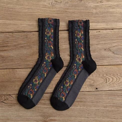 Women's Purple Floral Jacquard Crew Socks 5 Pack Vintage Textured Cotton Socks in Kuwait