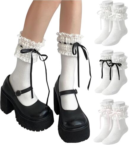 Women Lace Crew Socks 3 Pairs, Ruffle Bow Coquette Socks for Mary Janes, Flats and Daily Outfits in Saudi Arabia