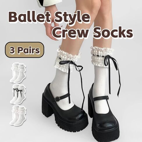 Women Lace Crew Socks 3 Pairs, Ruffle Bow Coquette Socks for Mary Janes, Flats and Daily Outfits in Saudi Arabia