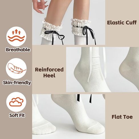 Women Lace Crew Socks 3 Pairs, Ruffle Bow Coquette Socks for Mary Janes, Flats and Daily Outfits in Saudi Arabia
