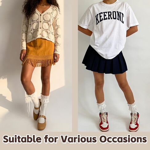 Women Lace Crew Socks 3 Pairs, Ruffle Bow Coquette Socks for Mary Janes, Flats and Daily Outfits in Saudi Arabia