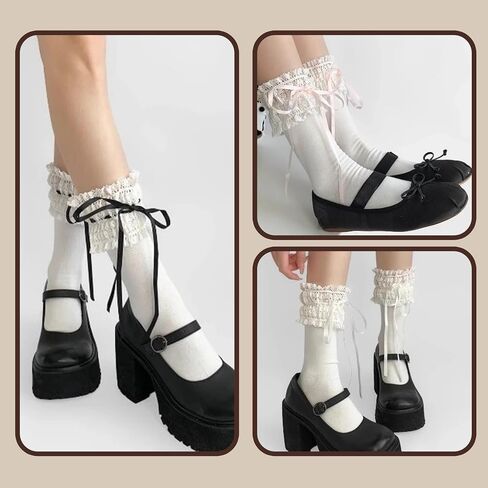 Women Lace Crew Socks 3 Pairs, Ruffle Bow Coquette Socks for Mary Janes, Flats and Daily Outfits in Saudi Arabia