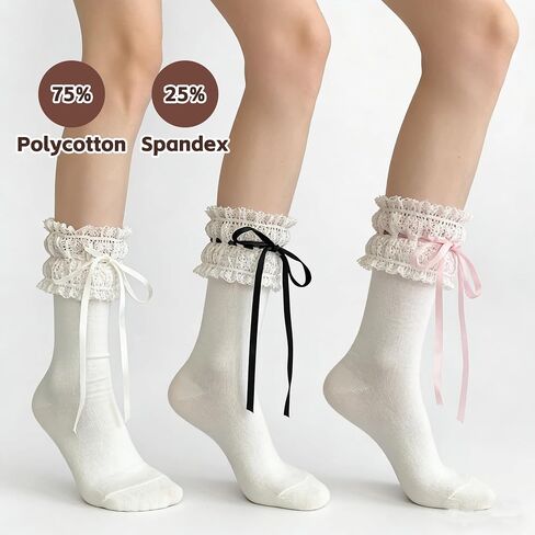 Women Lace Crew Socks 3 Pairs, Ruffle Bow Coquette Socks for Mary Janes, Flats and Daily Outfits in Saudi Arabia