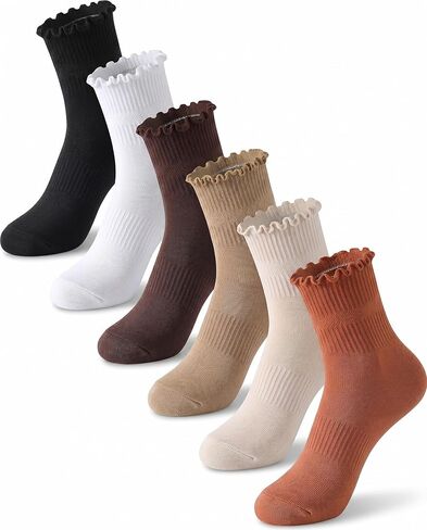 MISSWHO Size 3-15 Womens & Men Ruffle Cotton Socks Casual Breathable Crew Running Frilly Cozy Calf Socks 6 Pairs in Saudi Arabia