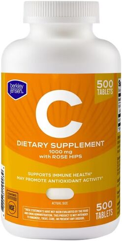 berkley jensen 1000mg Vitamin C Supplement with Rose Hips, Extra Strength Daily Immune Defense Support for Men & Women, Sugar and Gluten Free, Ascorbic Acid, Easy to Swallow, Made in USA, 500 Tablets in Saudi Arabia