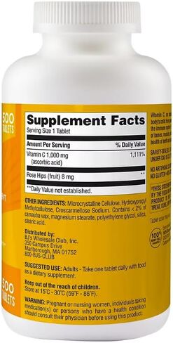 berkley jensen 1000mg Vitamin C Supplement with Rose Hips, Extra Strength Daily Immune Defense Support for Men & Women, Sugar and Gluten Free, Ascorbic Acid, Easy to Swallow, Made in USA, 500 Tablets in Saudi Arabia