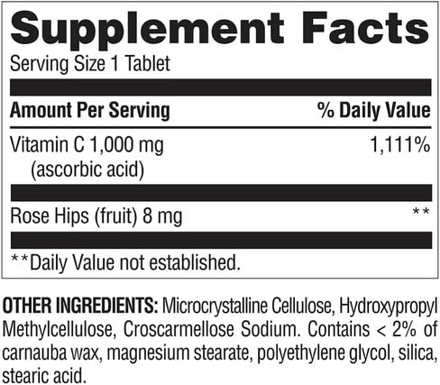 berkley jensen 1000mg Vitamin C Supplement with Rose Hips, Extra Strength Daily Immune Defense Support for Men & Women, Sugar and Gluten Free, Ascorbic Acid, Easy to Swallow, Made in USA, 500 Tablets in Saudi Arabia